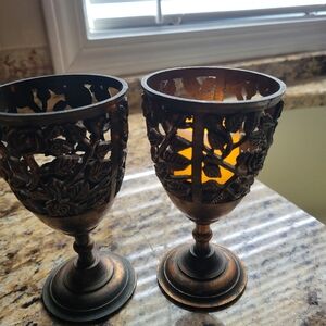 Ornate Bronze Candle Holders With Cut Out Roses Designs